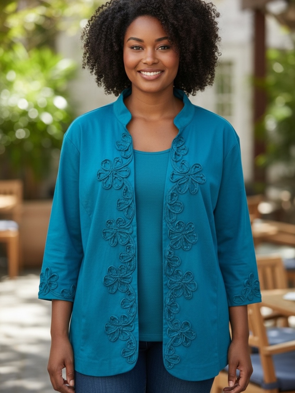 SUSAN GRAVER 2PC LINEN TURQUOISE SHELL & JACKET W FLORAL LACE APPLIQUE SZ 3X